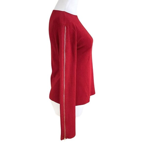 KAREN MILLEN BURGUNDY STRETCH KNIT LONG ZIPPED SLEEVE TEE TOP - 2 - Picture 2 of 7